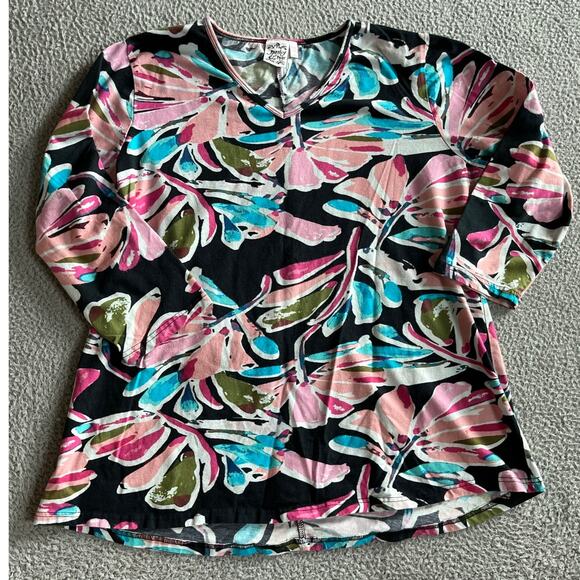 Parsley & Sage Top PXL Floral V-Neck 3/4 Sleeve Stretch Blue Pink Petite XL - Picture 1 of 12